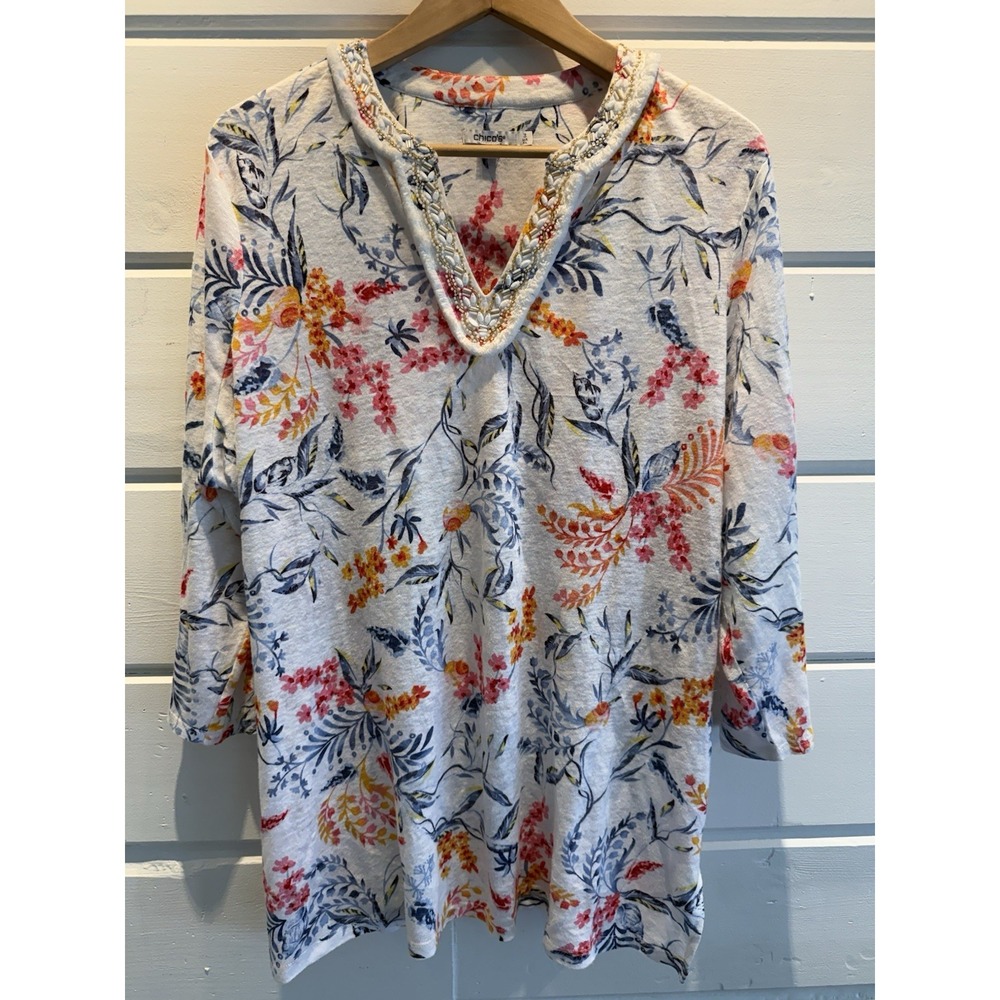 Chico's Pullover Tunic Top Women's Size 3 / XL V-Neck Floral Cotton Blend Artsy